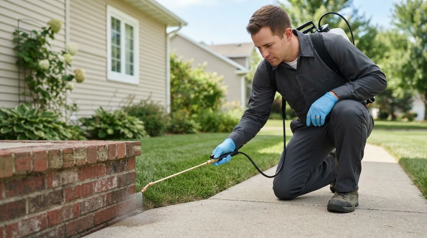 Pest control technician treating a home near Orchard, TX